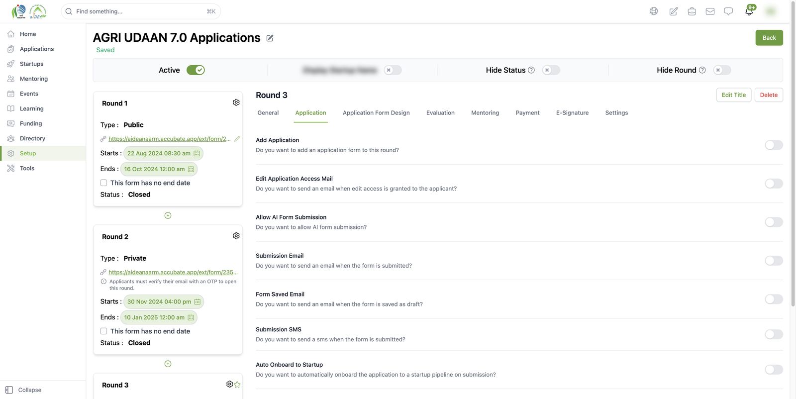 Round editor: Application tab