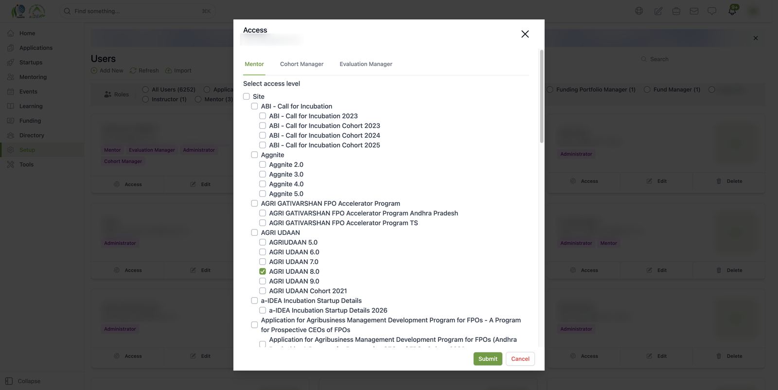 User access scope (modal)