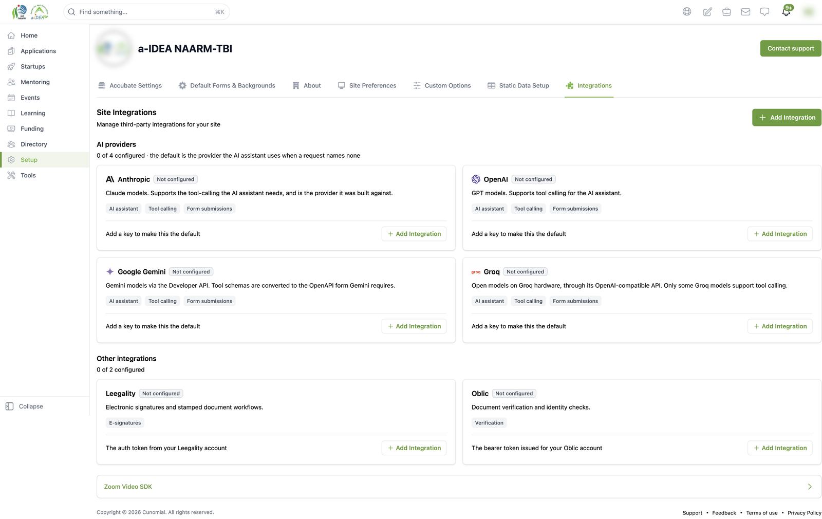 Site Settings: Integrations