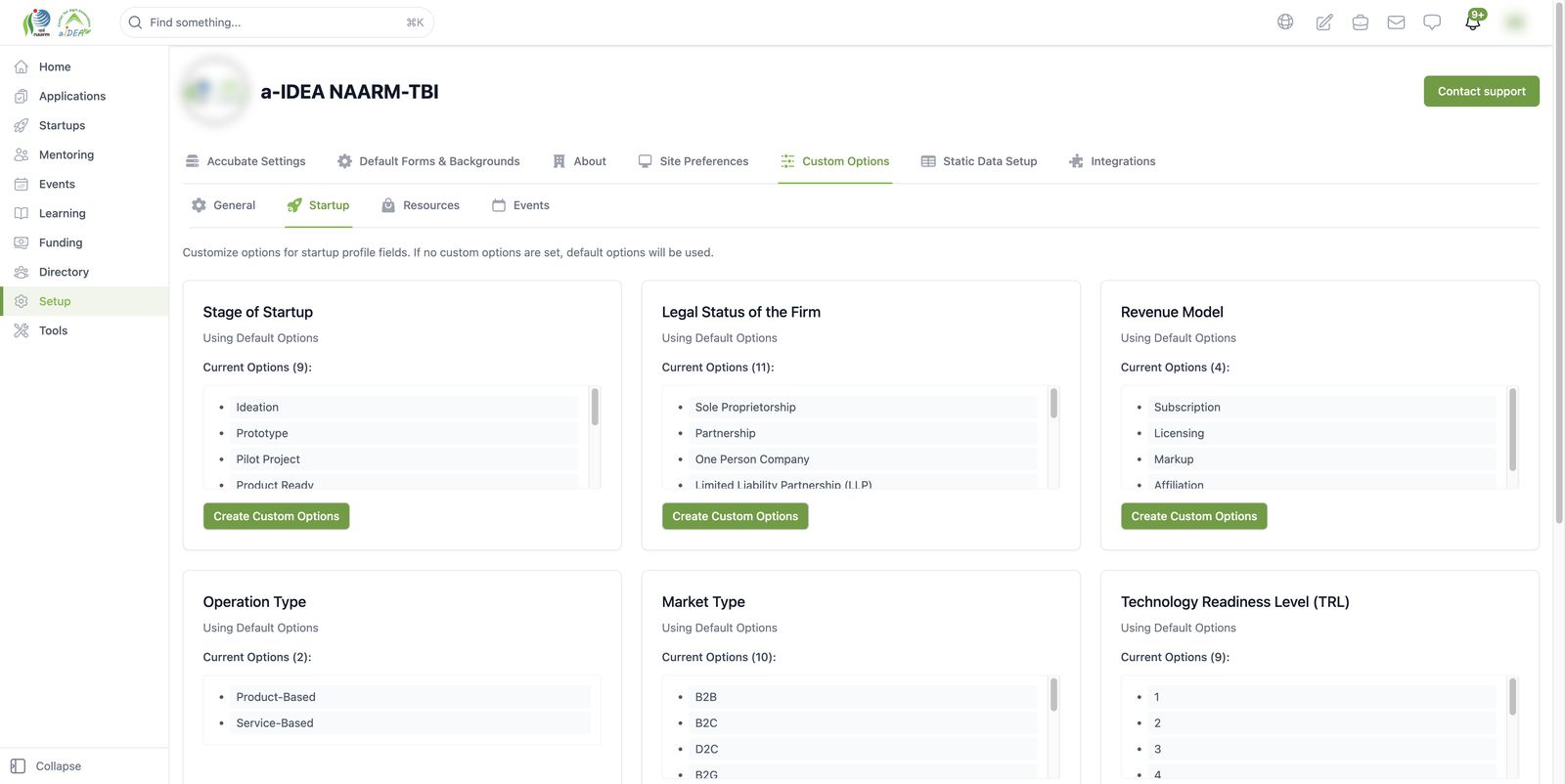 Site Settings: Custom Options (Startup)