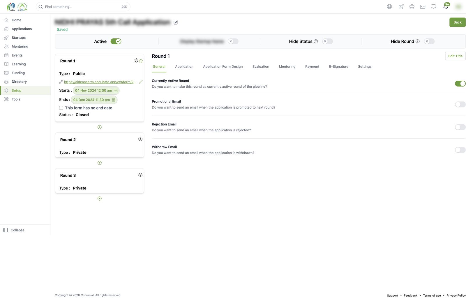 Pipeline setup: rounds and round General tab