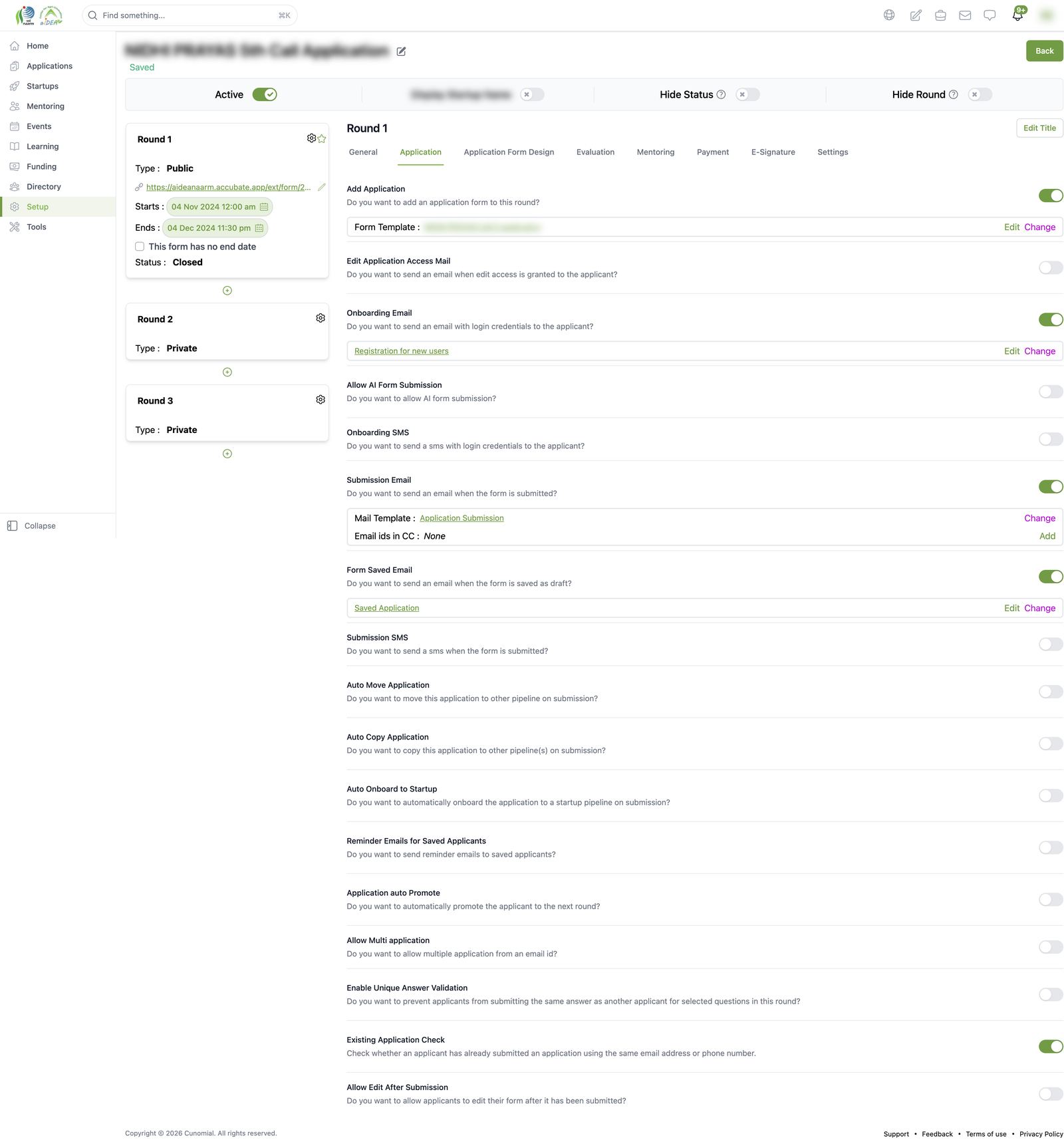 Round settings: Application tab