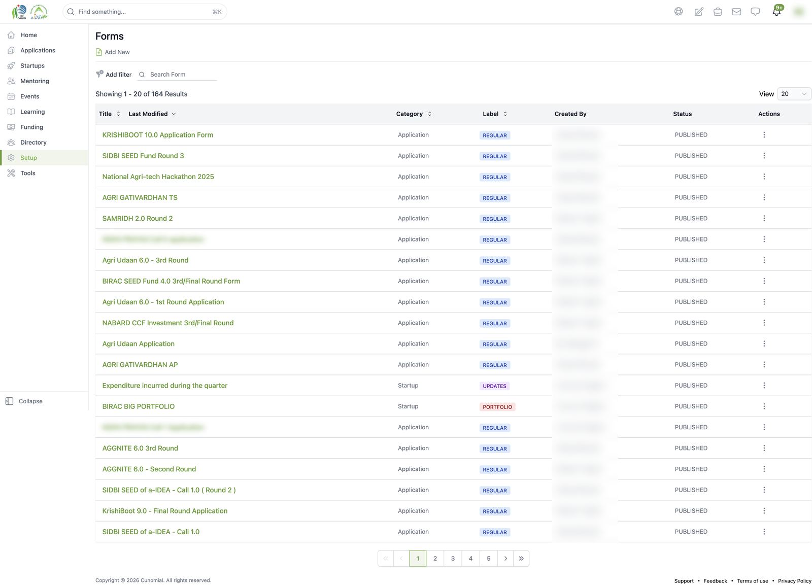 Forms list (Setup > Form)