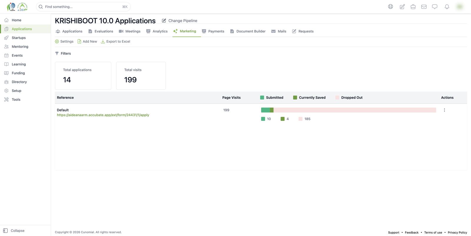 Marketing tab: apply-link funnel
