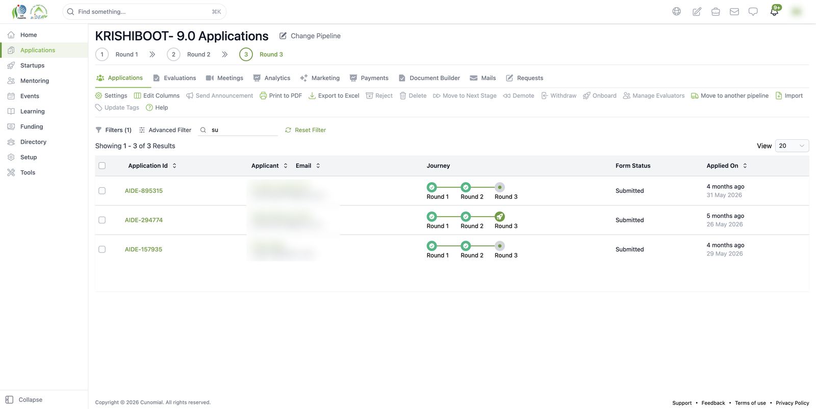 Applications moving through rounds (journey) and onboarded