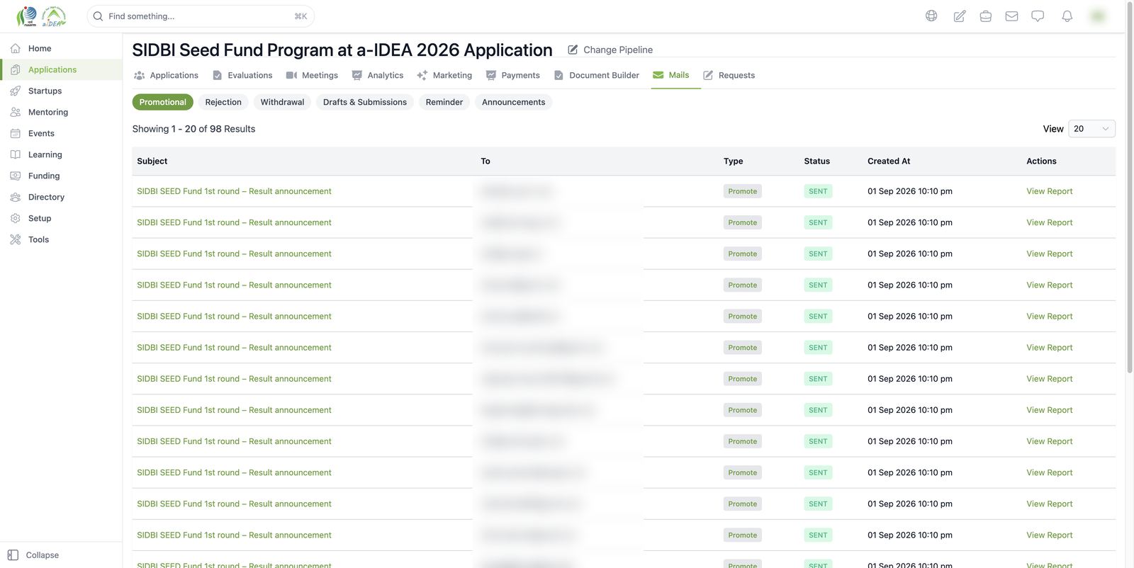 Mails tab (result announcements log)