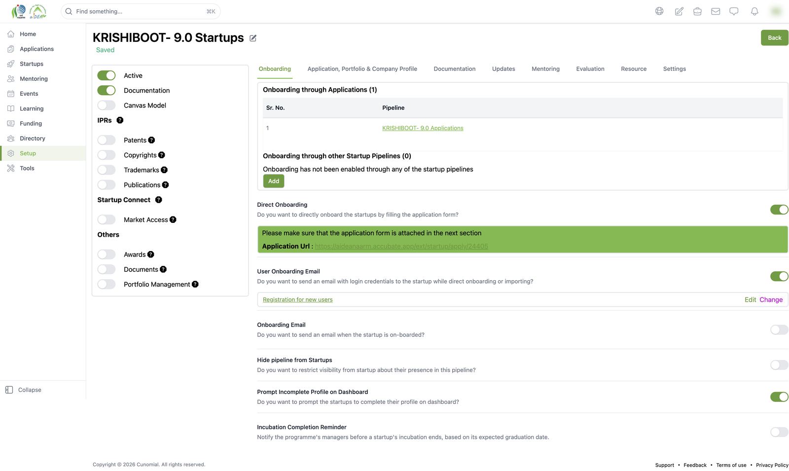 Startup pipeline: onboarding settings