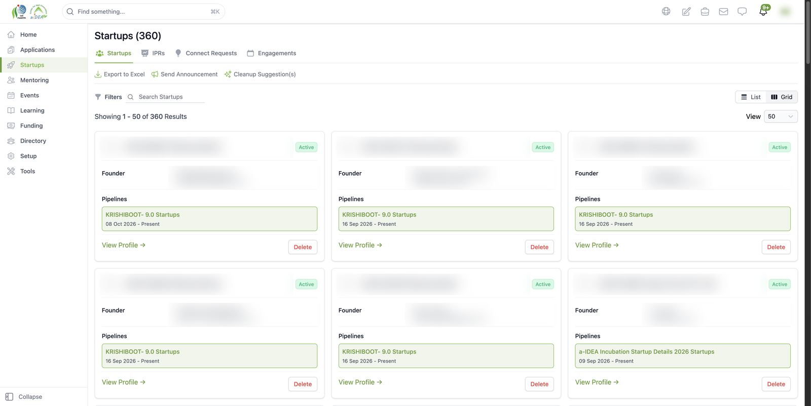All startups: grid view (default)