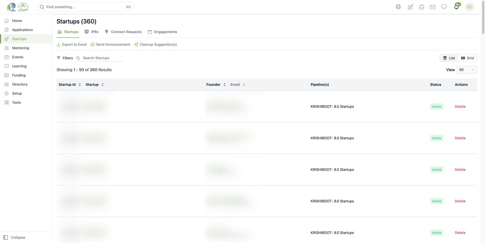 All startups: list (table) view