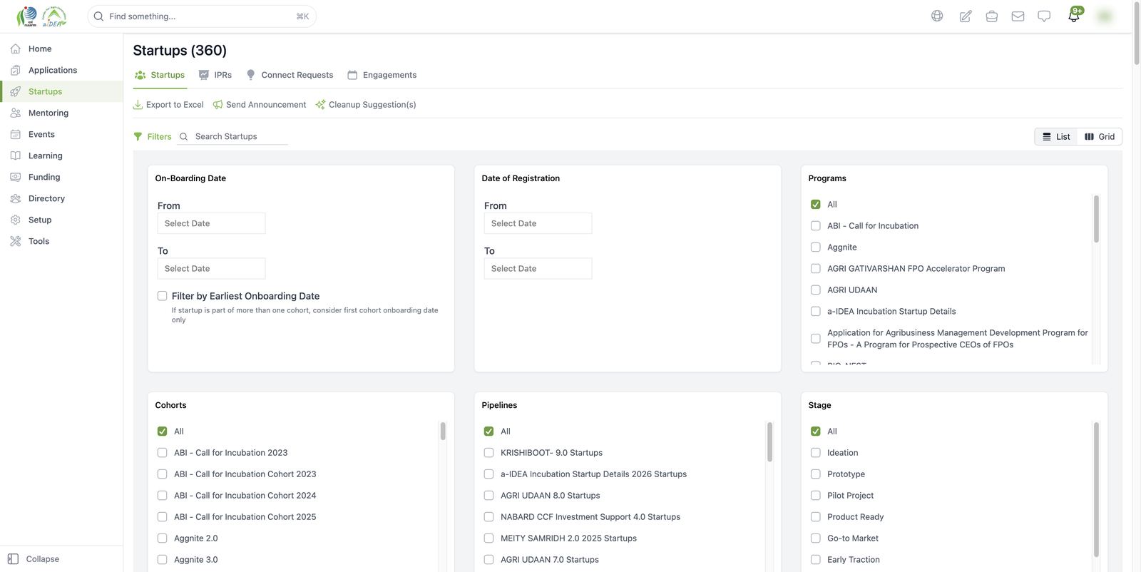 All startups: filter panel