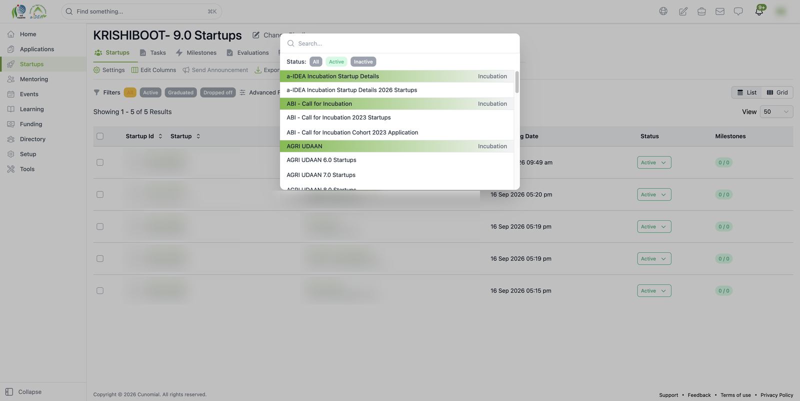 Startups workspace: choose a startup pipeline
