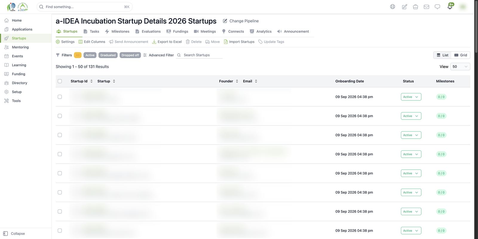 Pipeline workspace: startups of one cohort