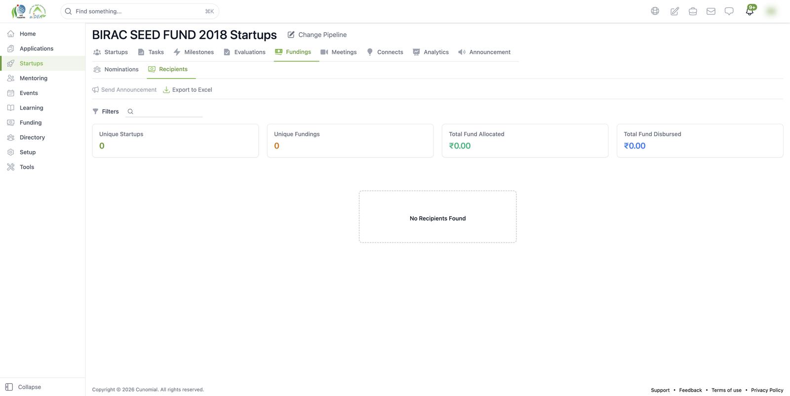 Pipeline workspace: funding recipients