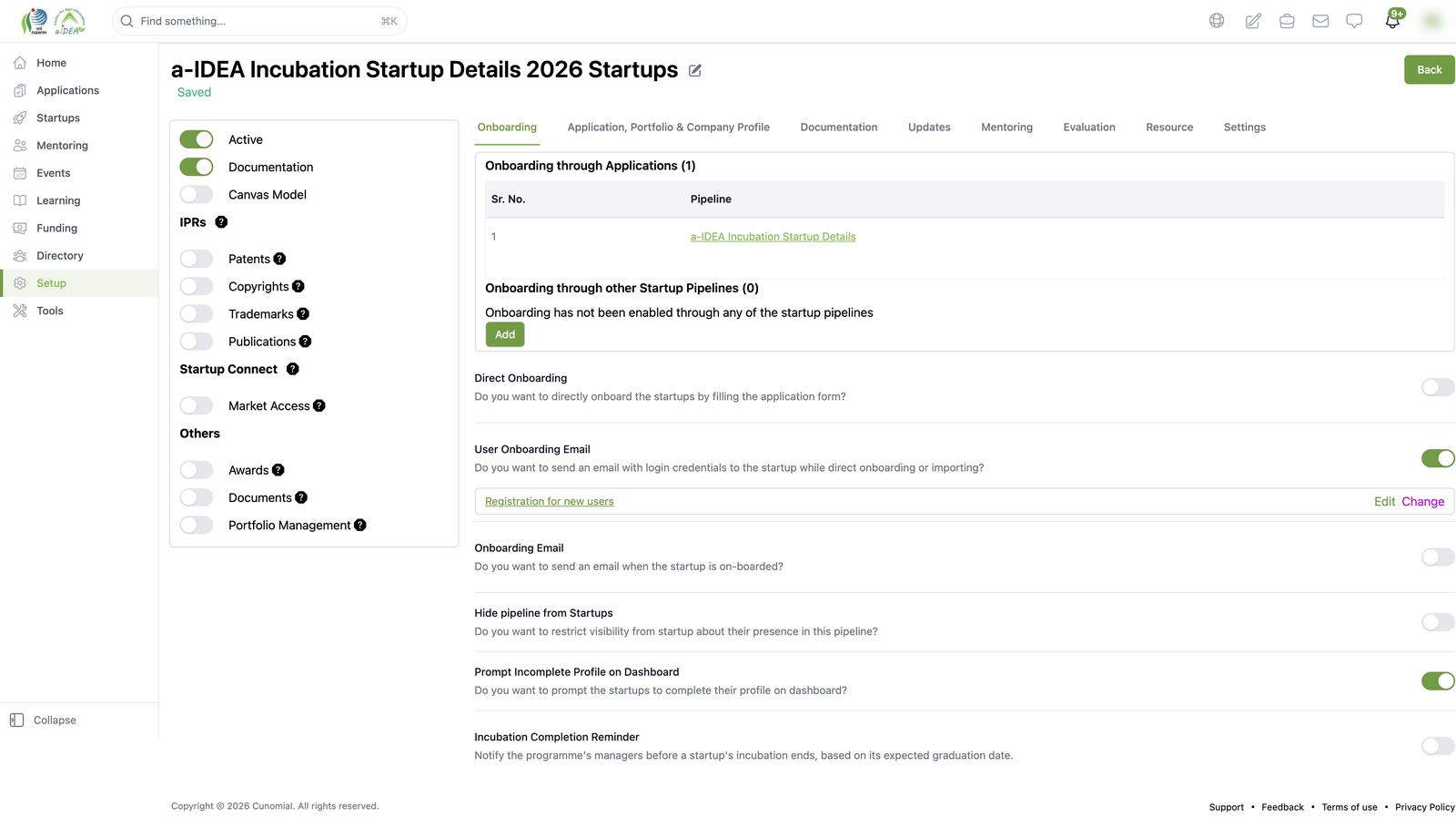 Startup pipeline builder: modules and onboarding rules