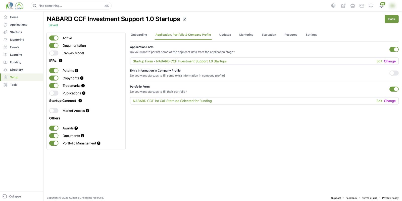 Pipeline builder: application data, company profile and portfolio form
