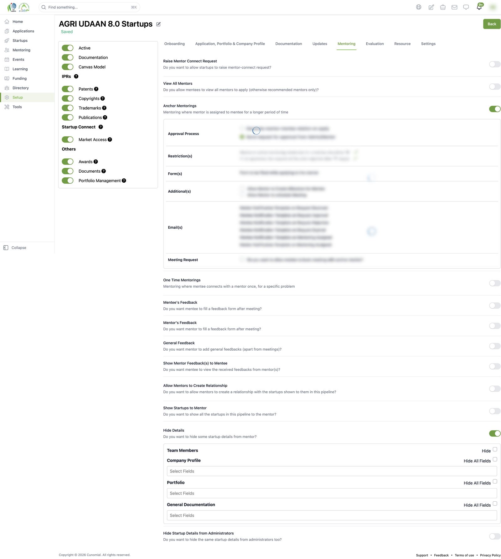 Pipeline builder: Mentoring settings
