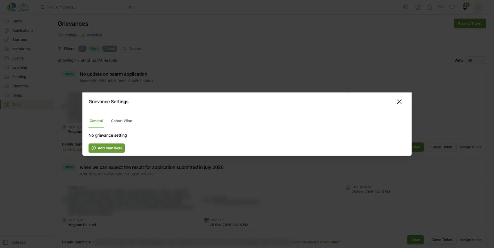 Grievance settings: general escalation levels