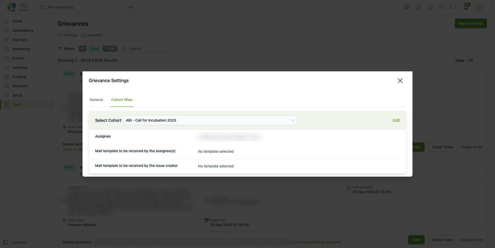 Grievance settings: cohort-wise