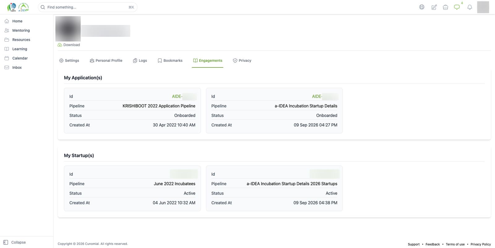 Account > Engagements: all applications and startup records