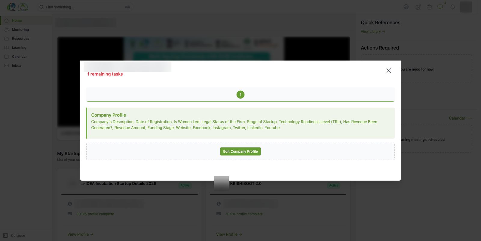 Remaining tasks: complete the company profile