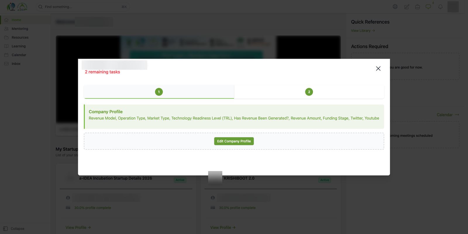 Remaining tasks for a second startup record (step 1 of 2)