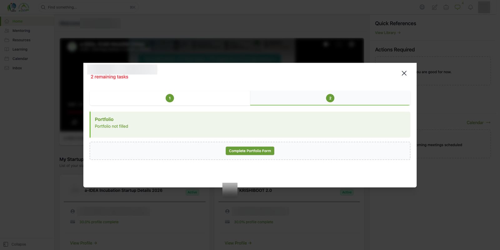 Remaining tasks: portfolio (KPI) form not filled (step 2 of 2)