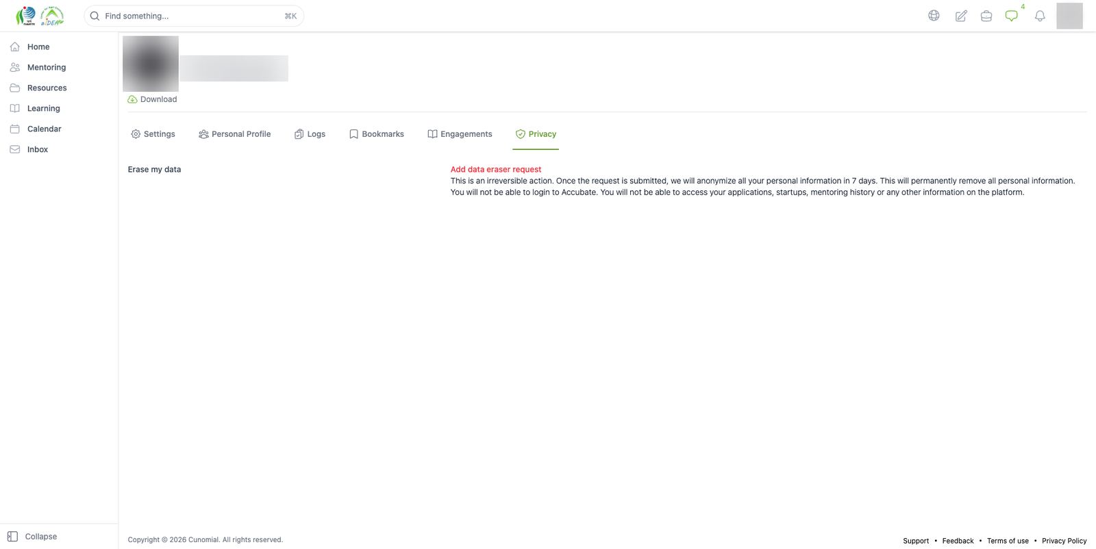 Account > Privacy: erase my data