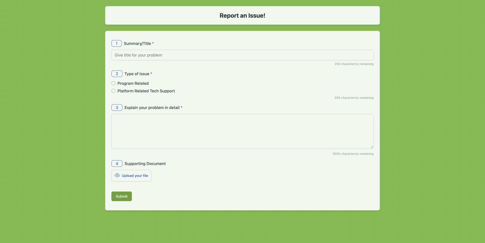 Report an Issue form (view only)